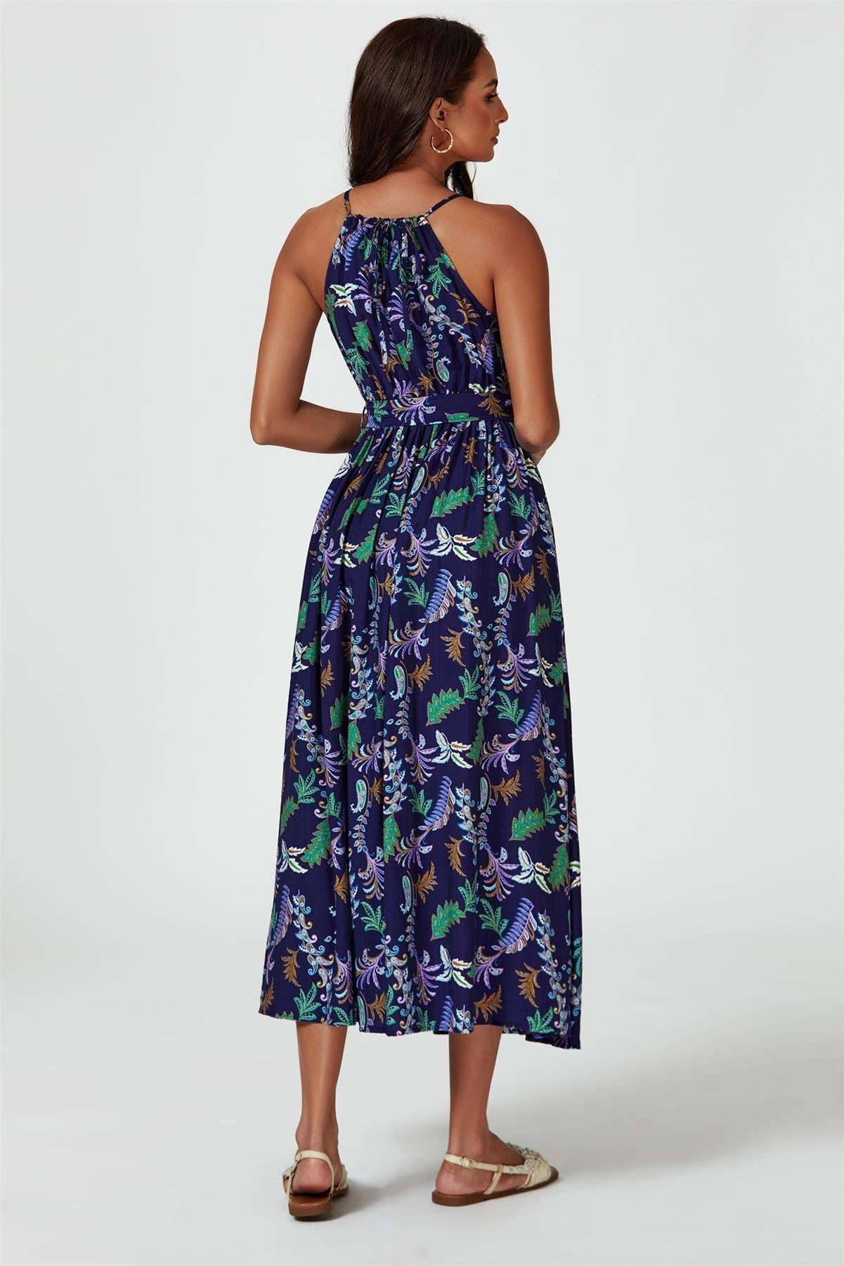 Floral Print Tie Halterneck Maxi Dress In Navy