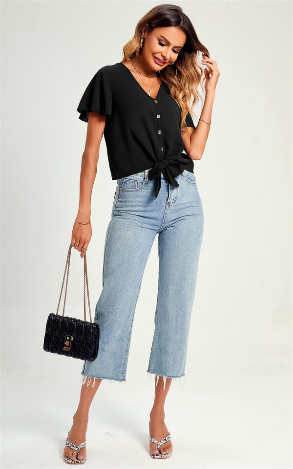 Crop-Top mit Knotendetail & Knöpfen in Schwarz