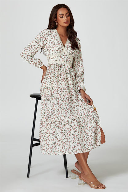 Floral Print Long Sleeve Midi Dress In White