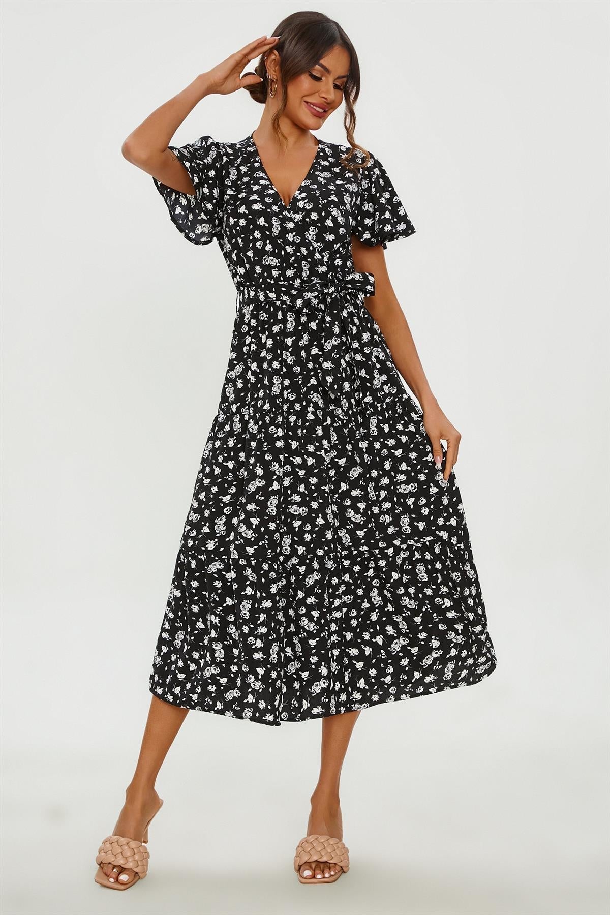 White Floral Print Hem Tiered Wrap Midi Dress In Black