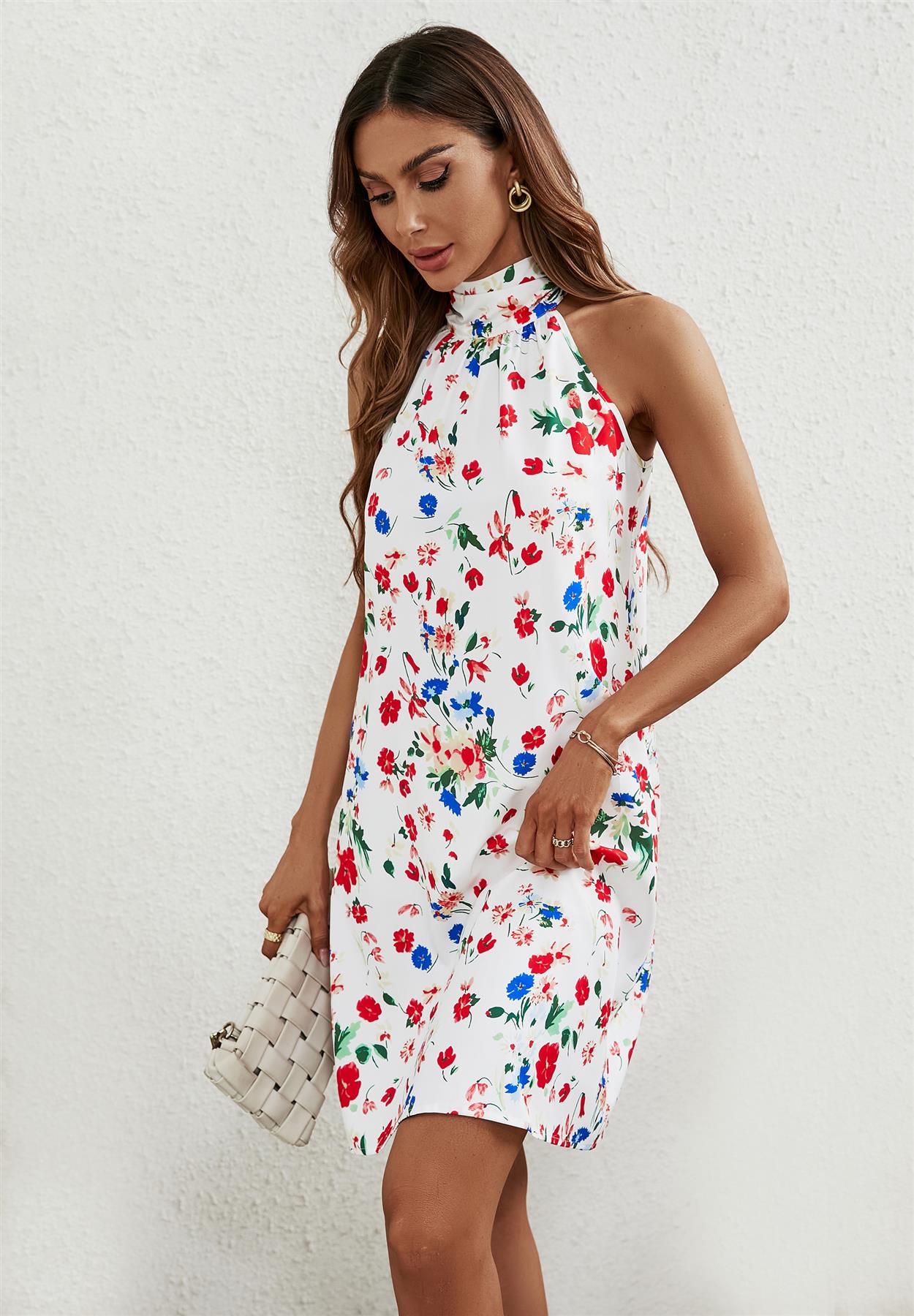 Floral Print Halter Neck Tie Back Mini Dress In White