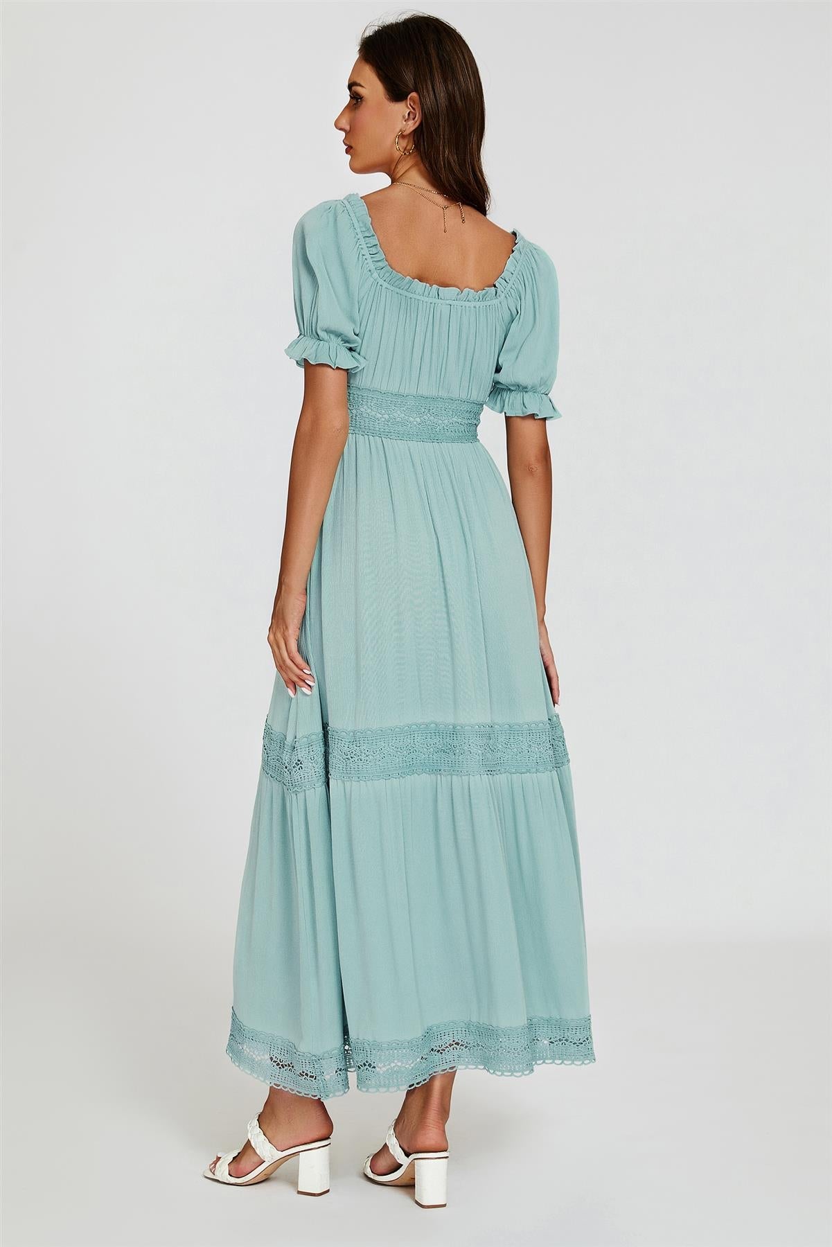Lace Detail Bardot Maxi Dress In Blue
