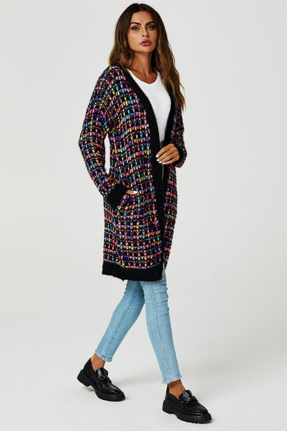 Rainbow Multicolour Speckles Boucle Check Cardigan In Black
