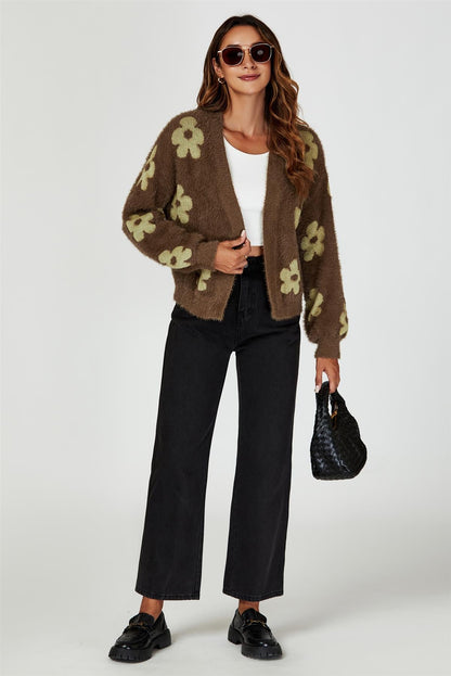Strickjacke mit Blumenmuster in Braun