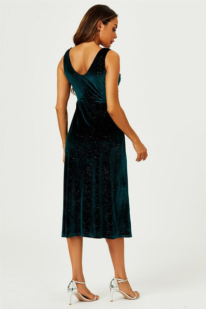 Samt-Midi-Kleid mit Silberglanz & Knotendetail in Grün