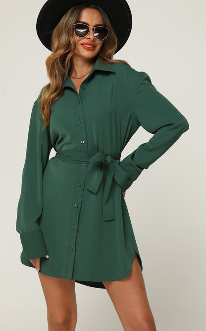 Relaxed Rounded Side Split Mini Shirt Dress In Green