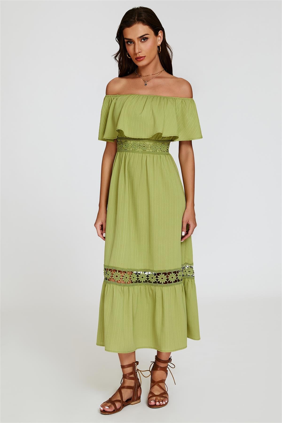 Lace Detail Bardot Maxi Dress In Green