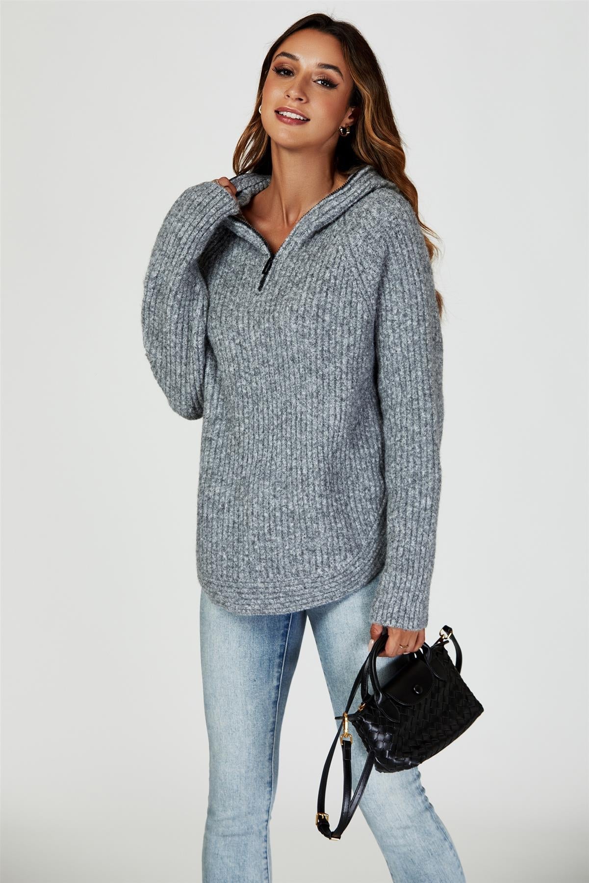 Zip Detail Knit Hoodie In Grey