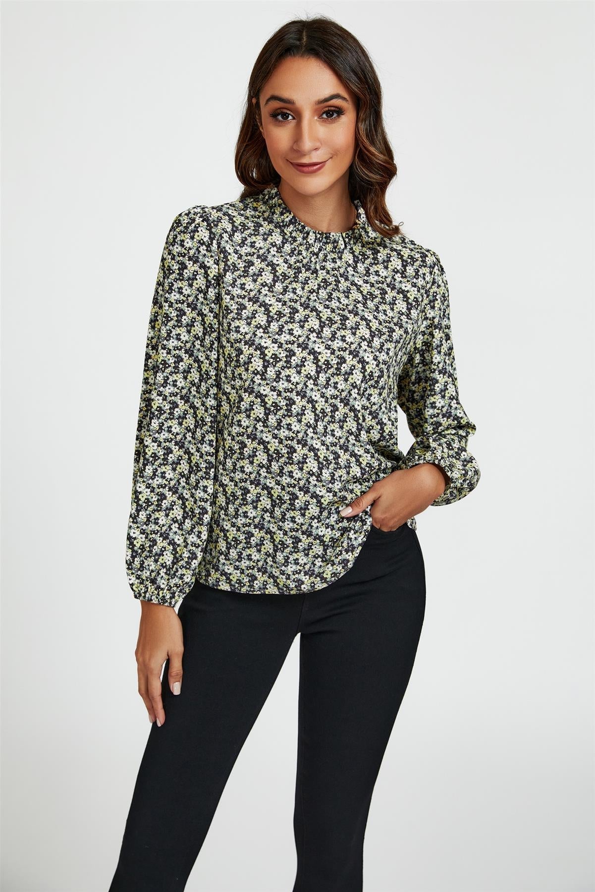 Multi Floral Print Frill Detail High Neck Top In Yellow
