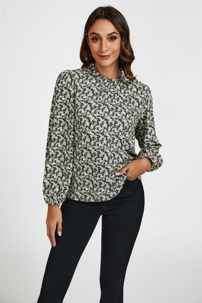 Multi Floral Print Frill Detail High Neck Top In Yellow