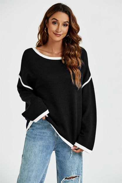 White Striped Oversized Jumper Top In Black