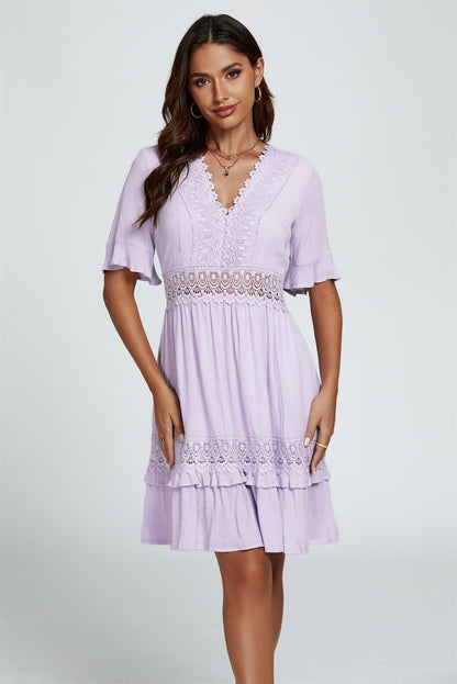 V Neck Lace Mini Dress In Purple