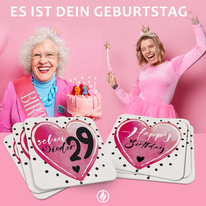 50 Bierdeckel Geburtstag Schon wieder 29 Herz, Schon wieder 29 Weiß/Pink