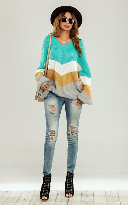 Blue & Grey Colour Block Jumper White & Golden Striped Long Sleeve Top