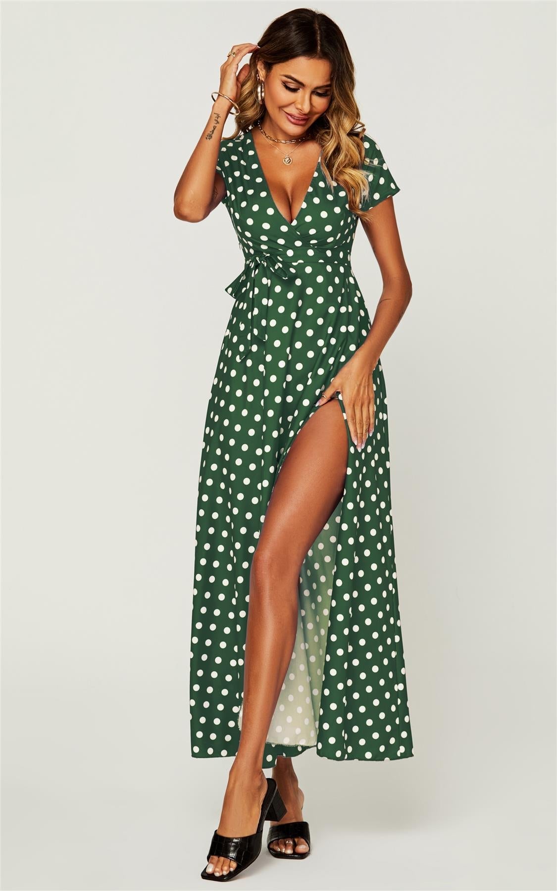 Polka Dot Print High Waist Wrap Dress In Green