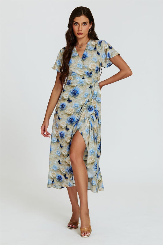Floral Print Wrap Hem Midi Dress In Beige