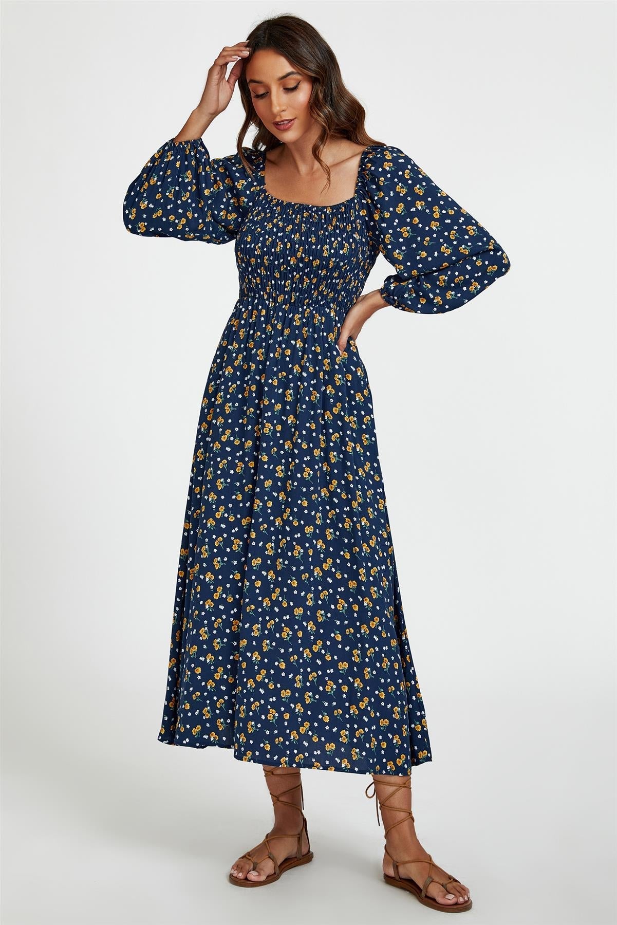 Floral Print Square Neck Maxi Dress In Dark Blue