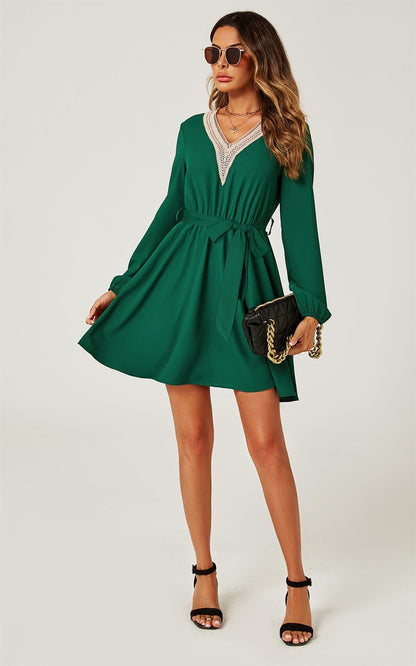 Lace Trim V Neck Mini Dress In Green