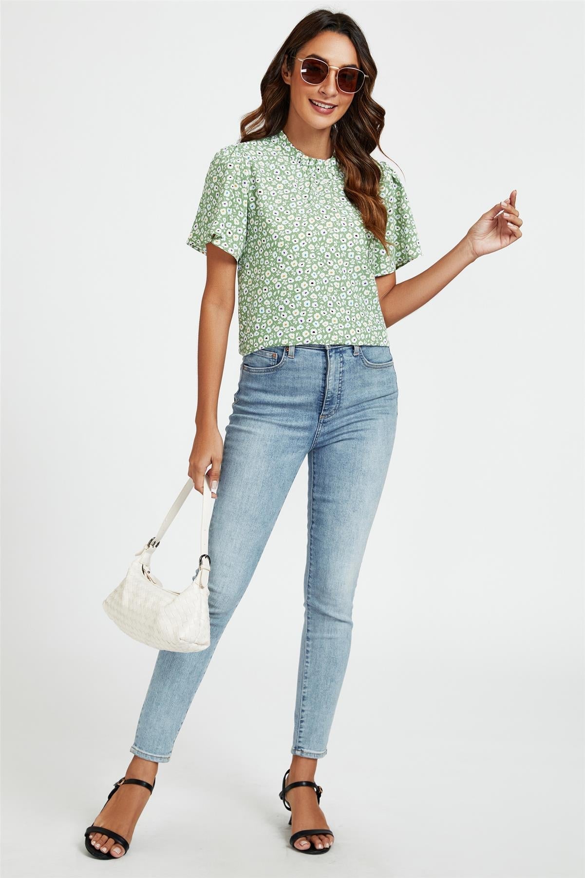 Little Floral Print Angle Sleeve High Neck Top/Blouse In Green
