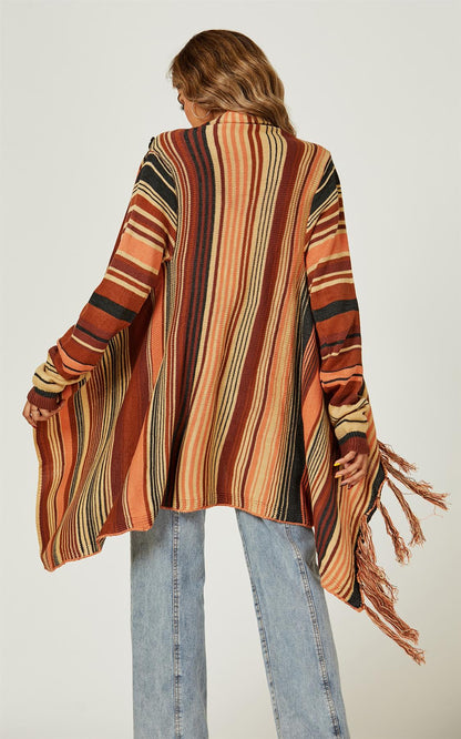 Fringes Detail Cardigan In Rusty Red & Orange & Black