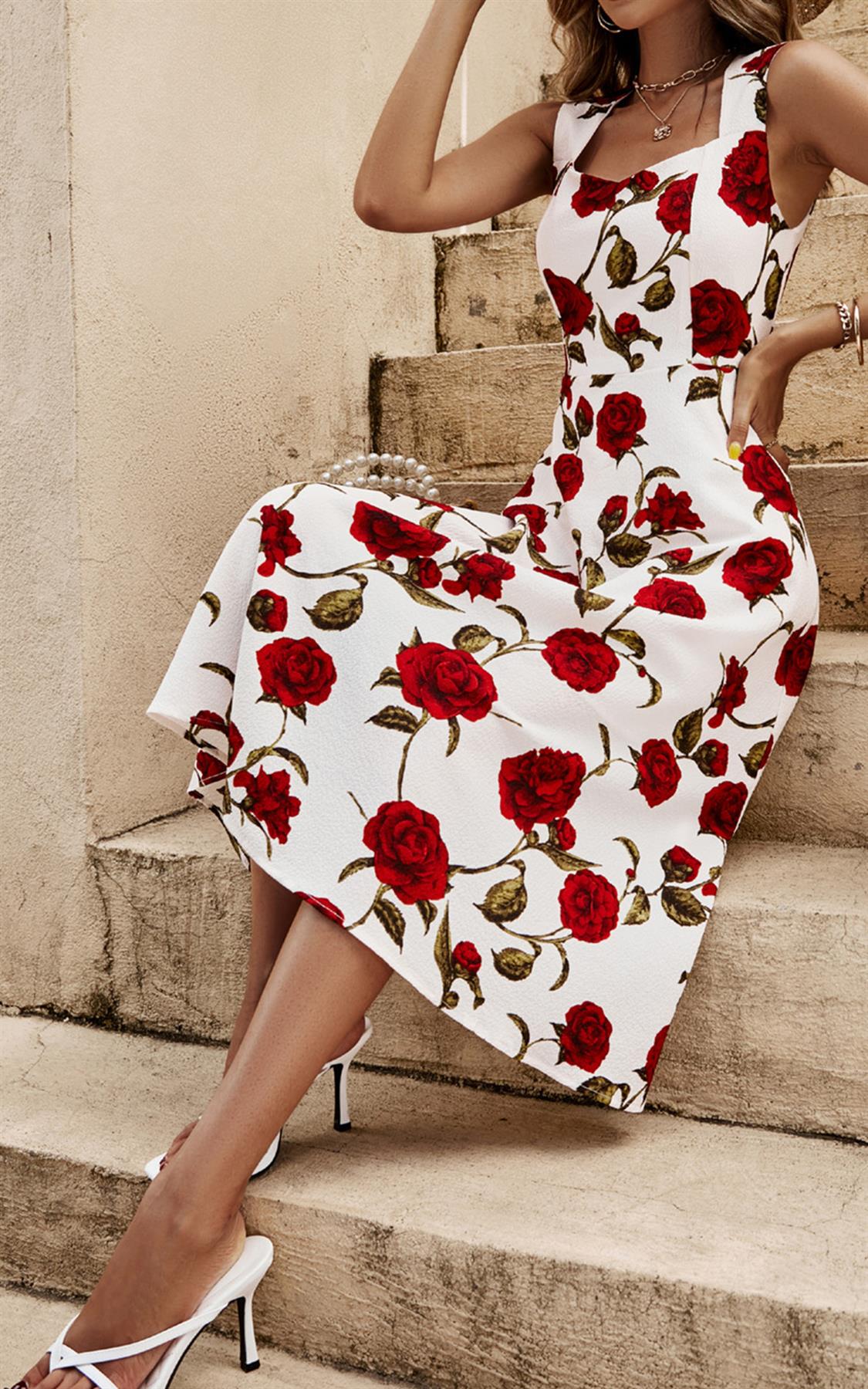 Red Roses Print Heart Neck Midi Dress In Off White