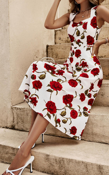 Red Roses Print Heart Neck Midi Dress In Off White