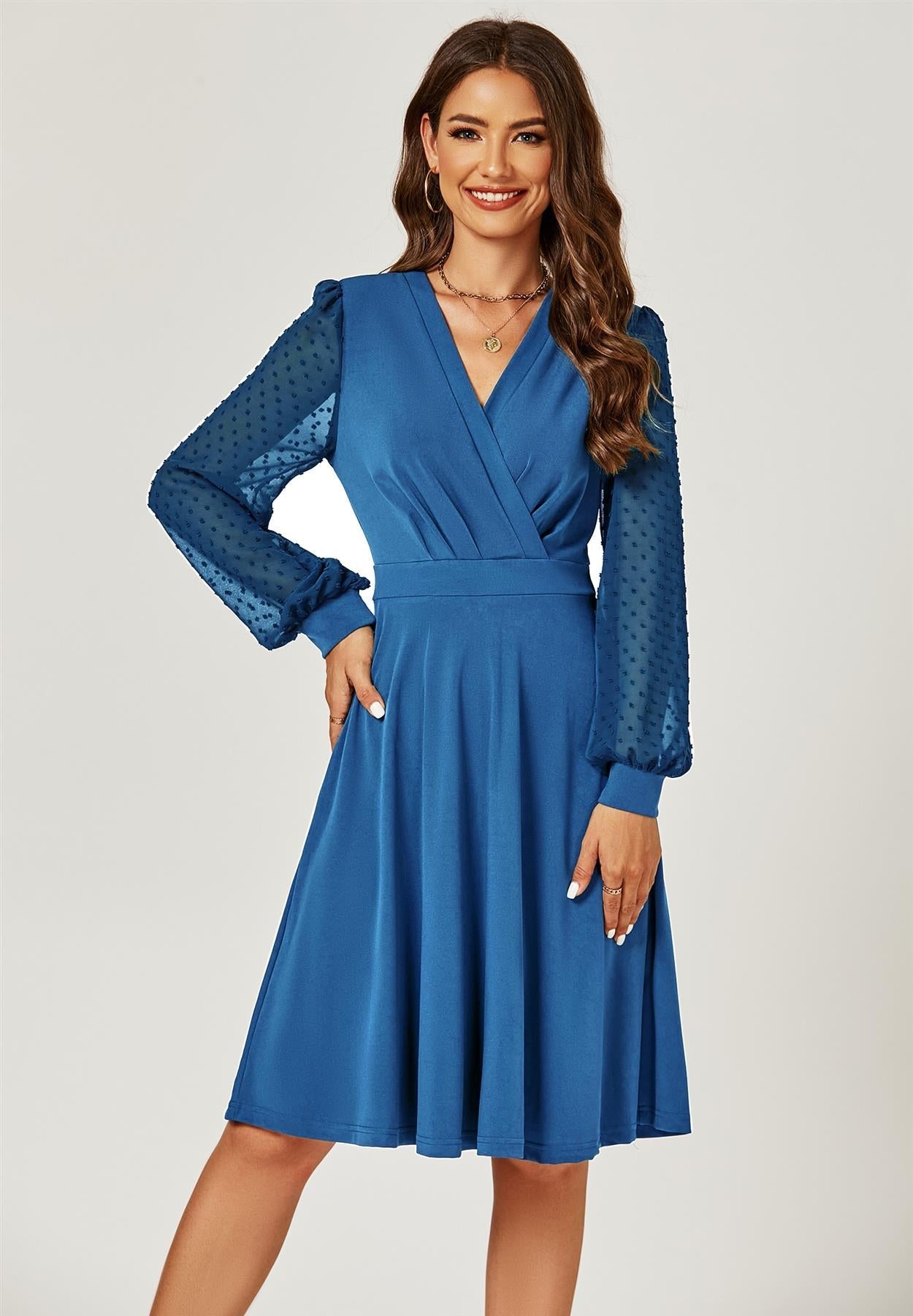 Long Chiffon Sleeve Pleated Midi Dress In Blue