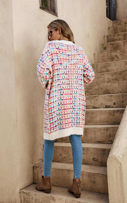 Cream Boucle Check Cardigan In Rainbow Multicolour Speckles