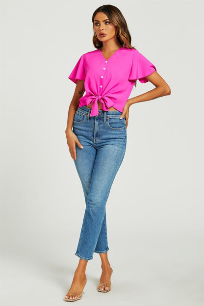 Cute Tie Knot Front Buttoned Crop T Shirt Top In Fuchsia Pink