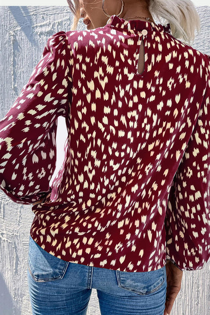 Animal Print Frill Detail High Neck Top In Wine
