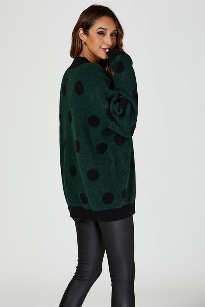 Wool Blended V Neck Jumper In Green & Black Polka Dot
