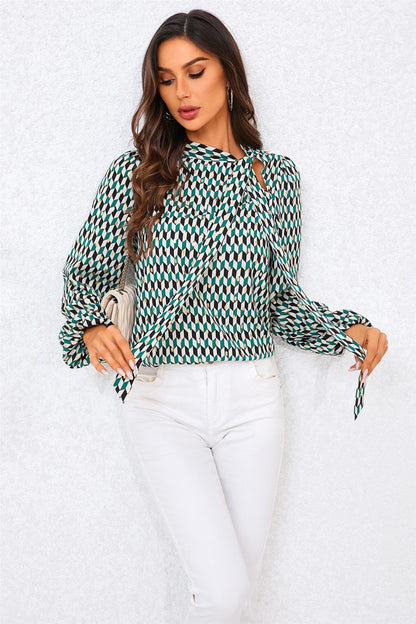 Geo Print Side Tie Blouse Top In Green