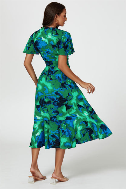 Abstract Print Midi Wrap Dress In Green
