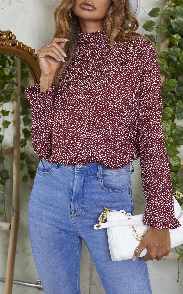 Stehkragen-Top mit Rüschendetail & Animal-Print in Weinrot-Weiß