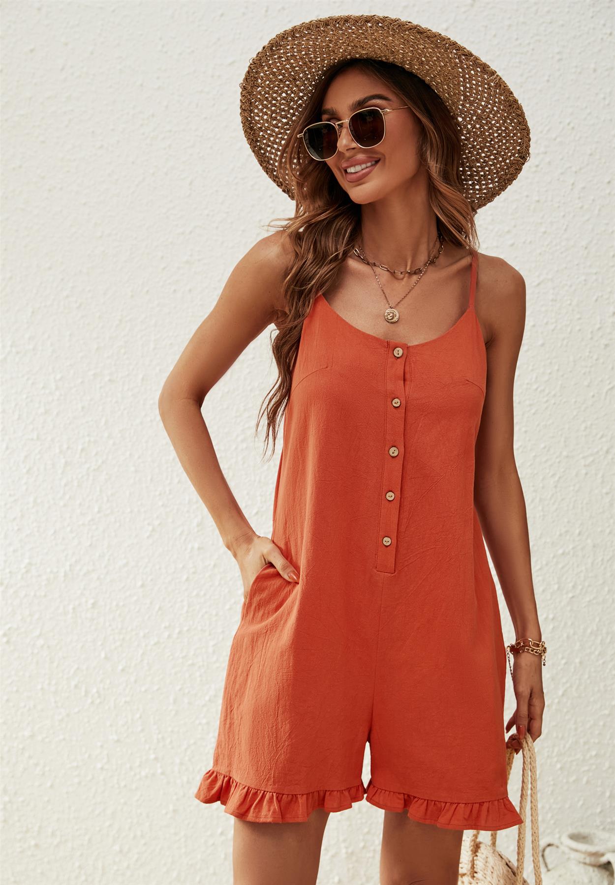 Summer Playsuit With Frill Detail In Orange
