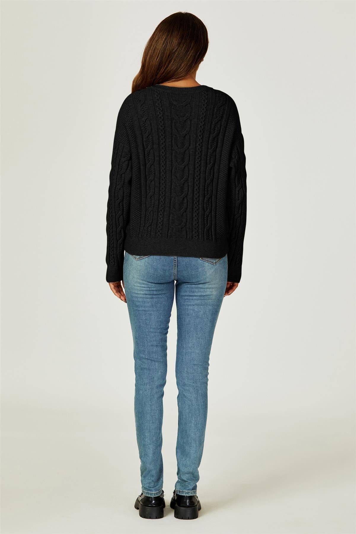 Cable Knit Crew Neck Jumper In Black