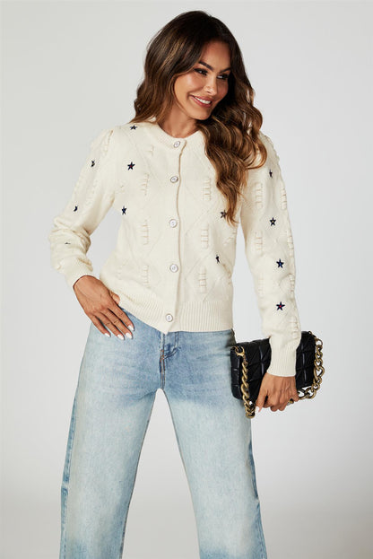Star Embroidered Knitted Cardigan In Bone White