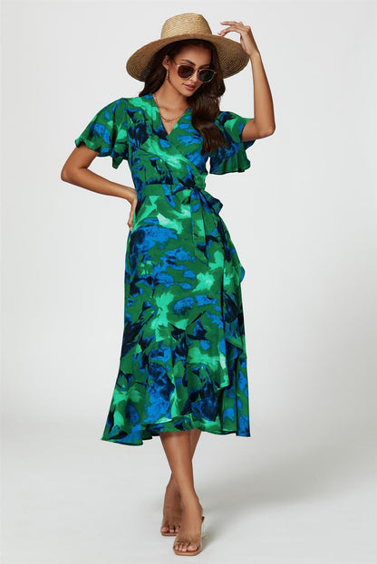 Abstract Print Midi Wrap Dress In Green