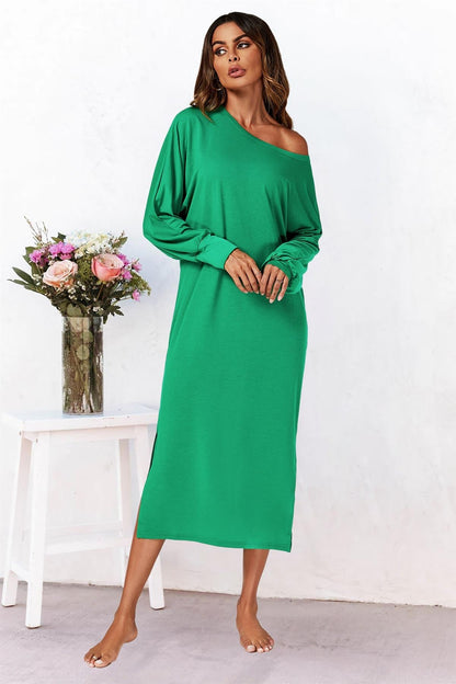 Oversized Midaxi Long Sleeve Slit Jersey Dress In Green