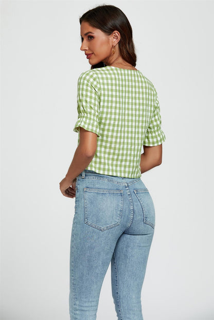 Check Print Tie Front Top In Green