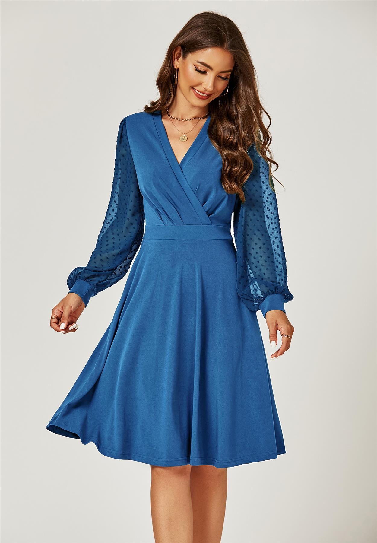 Long Chiffon Sleeve Pleated Midi Dress In Blue