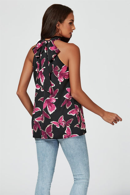 Butterfly Print Halter Neck Tie Back Top In Black