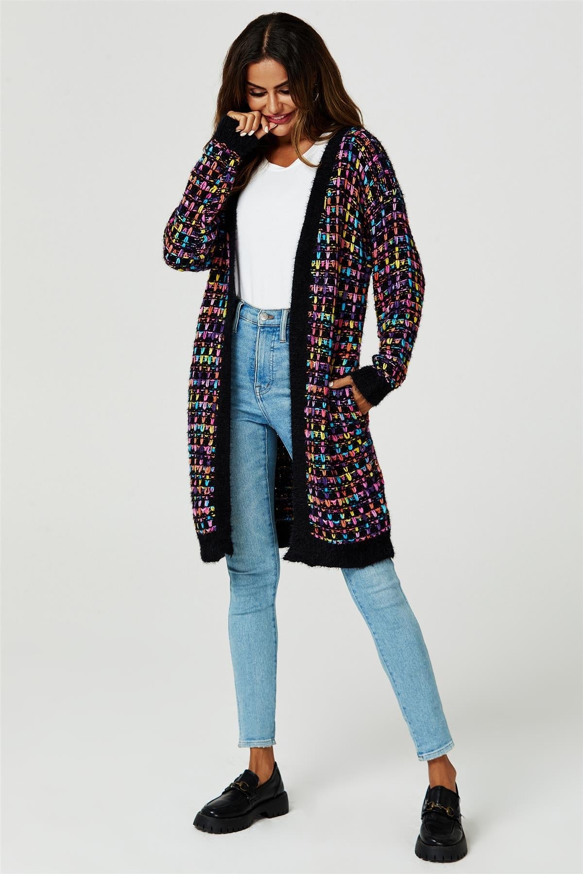 Rainbow Multicolour Speckles Boucle Check Cardigan In Black