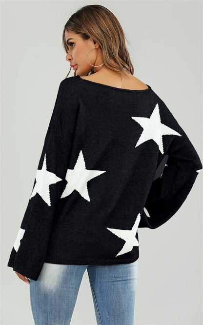 Wide Sleeve Oversize Black Jumper With White Star