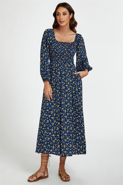 Floral Print Square Neck Maxi Dress In Dark Blue