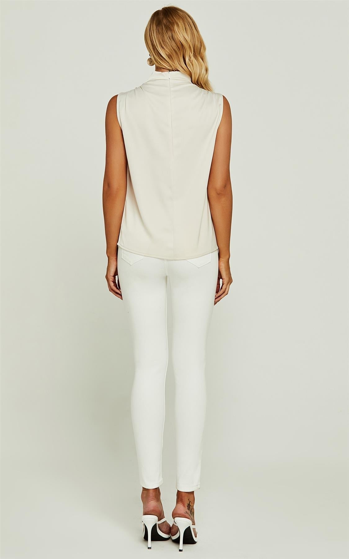 High Neck Sleeveless Blouse In Oyster