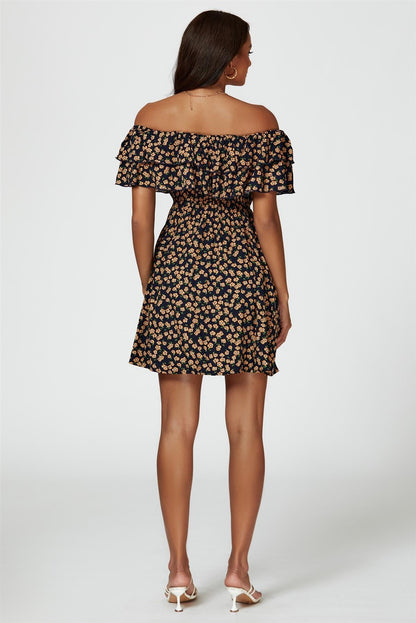 Floral Print Bardot Frill Mini Dress In Navy