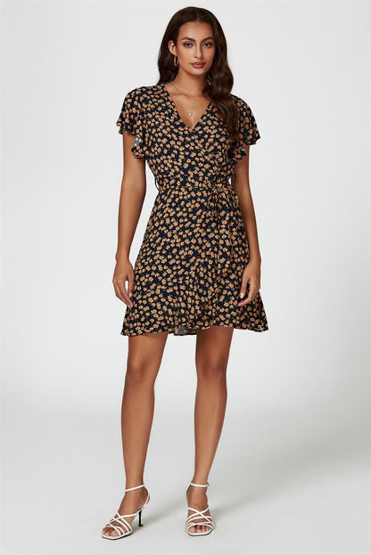 Floral Print Wrap Top Dress In Navy