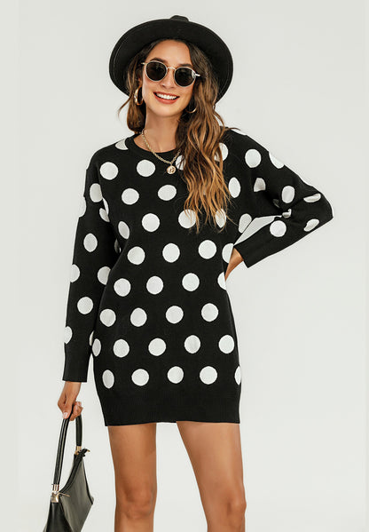 Knitted Tunic Mini Jumper Dress With Polka Dot Pattern