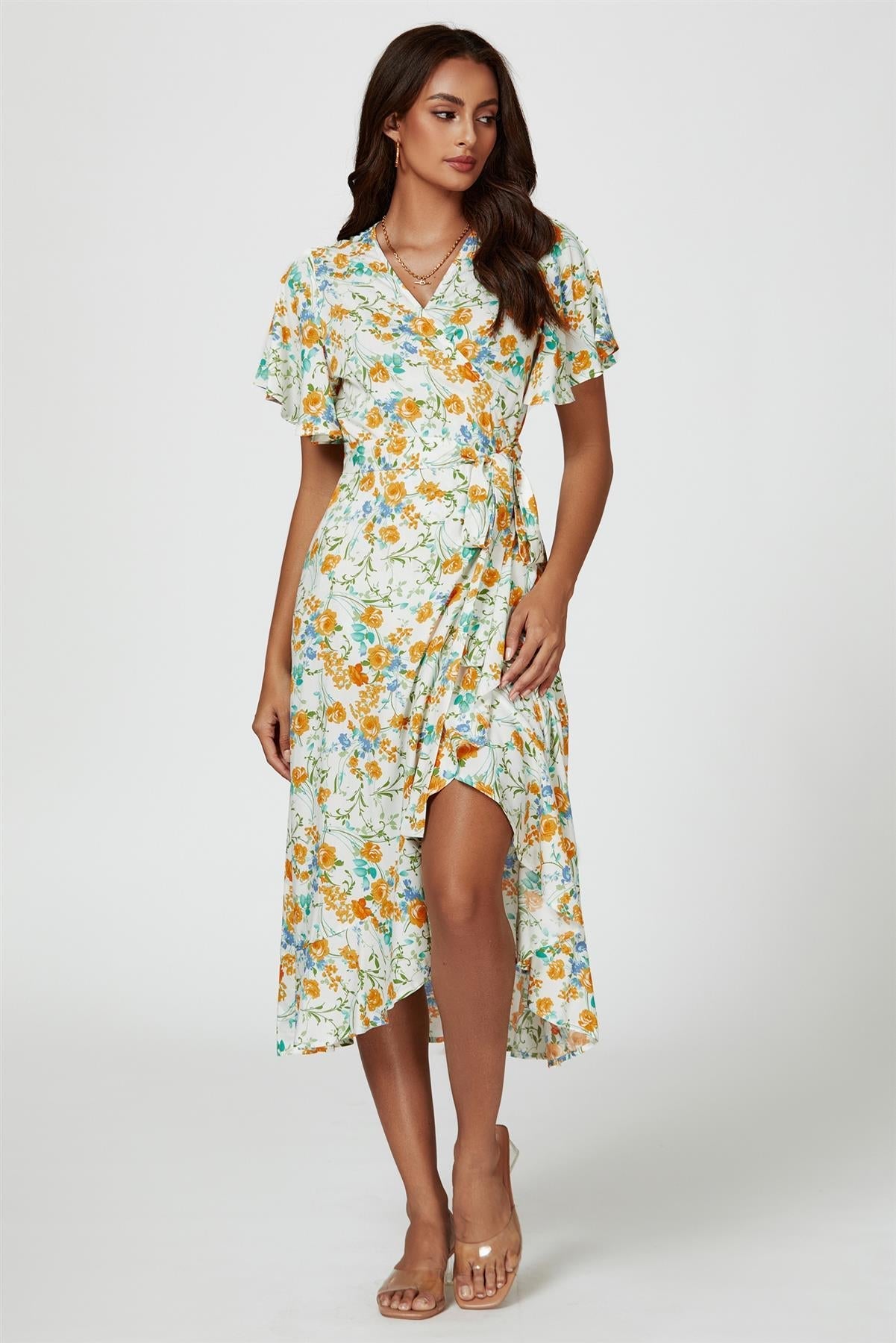 Floral Print Angel Sleeve Wrap Midi Dress In Yellow